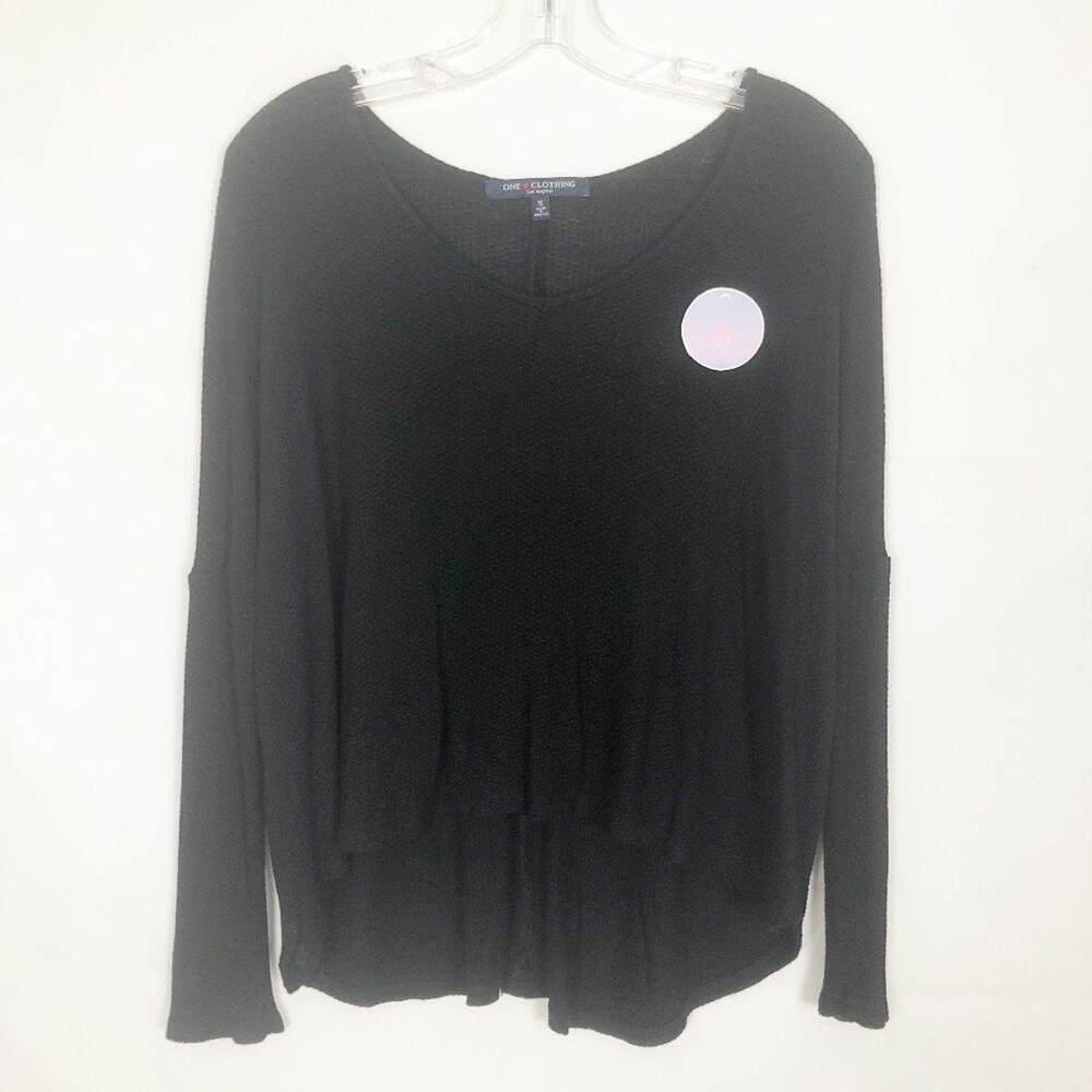 One Clothing Waffle knit Long Sleeve Black V-Neck High-Low Thermal Top